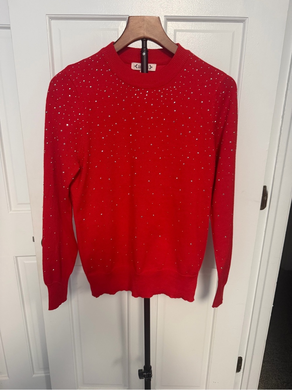 Nanette Lepore Red Crystal‑Embellished Crewneck Sweater Holiday Small Rhinestone